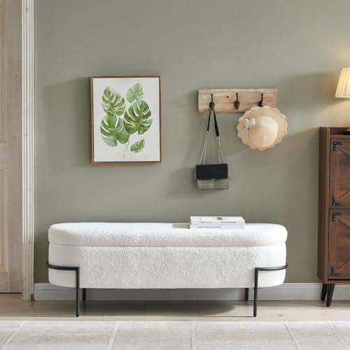 Sherpa Storage Bench, 52 Inch Oval Ottoman with White Upholstery and Metal Stand