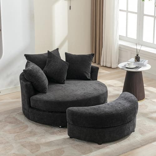 Oversized Grey Swivel Chair with Moon Ottoman & 4 Pillows
