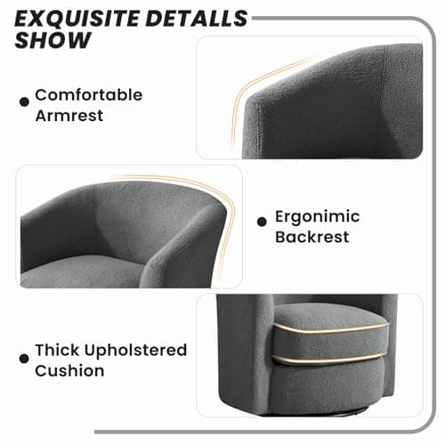 Furniliving 360° Swivel Grey Accent Chair, Comfortable Sherpa Upholstered Barrel Sofa