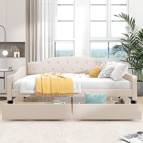 Beige Upholstered Tufted Daybed with Storage, Easy Assembly, No Box Spring Needed
