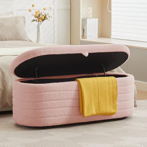 White Sherpa Padded Ottoman Bench with Storage for Living Room and Bedroom