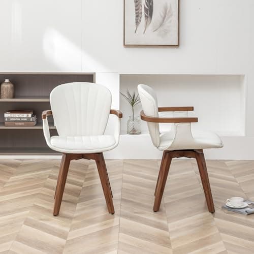 LUNLING Mid Century Modern White Faux Leather Swivel Dining Chair Set
