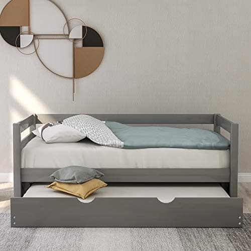 Merax Grey Twin Daybed with Trundle, Solid Wood Captains Bed Sofa Frame