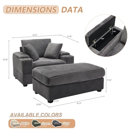 Oversized Grey Chaise Lounge Chair with Ottoman & Storage