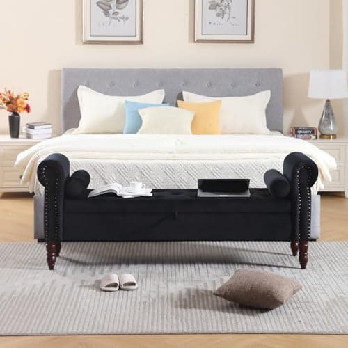 Black Velvet Tufted Storage Bench with Arms for Bed and Living Room