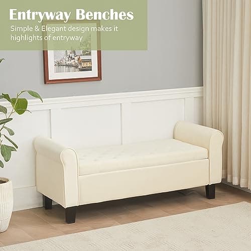 51'' Tufted Upholstered Storage Bench for Bedroom Living Room, Off White Velvet