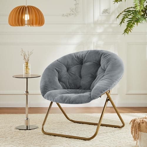 YSSOA Grey Folding Moon Chair with Faux Fur & Metal Frame
