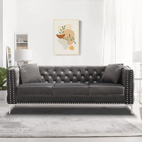JEEOHEY Grey 3 Seater Chesterfield Sofa, Mid Century Modern Velvet Couch