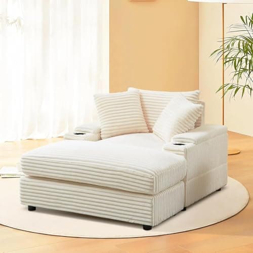 44" Beige Corduroy Storage Chaise Longue with Cup Holder