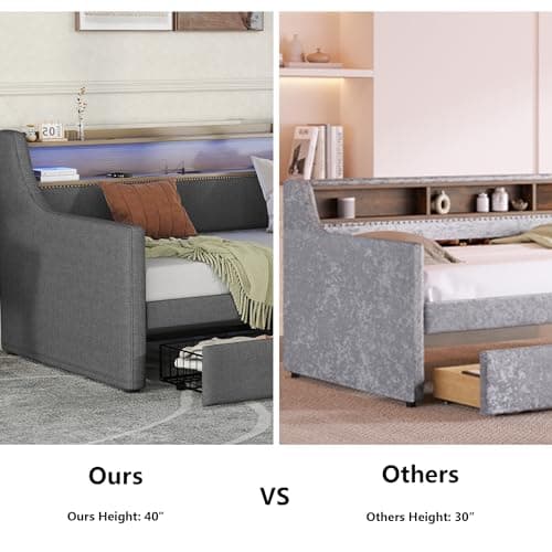 Twin Size Daybed with Storage Drawers, Charging Station and LED Lights, Gray Linen Fabric