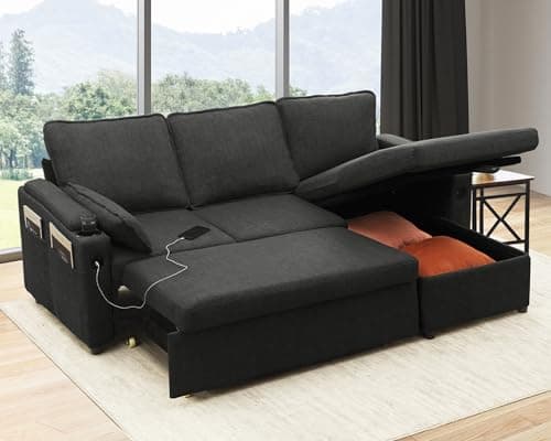 DURASPACE 2-in-1 Sectional Sleeper Sofa with Storage, USB & Cup Holder (Dark Gray)
