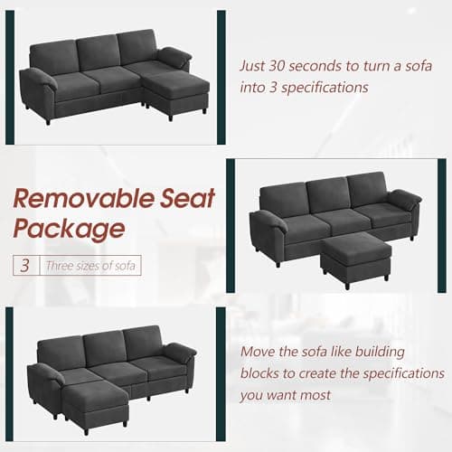 Vongrasig 79" L-Shaped Convertible Sofa, 3 Seater Linen Fabric Couch (Bk)