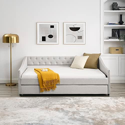 JEEOHEY Beige Button Tufted Full Size Upholstered Daybed with Trundle