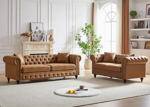 Mid Century Modern Button Tufted Loveseat & 3 Seater Brown Couch Set