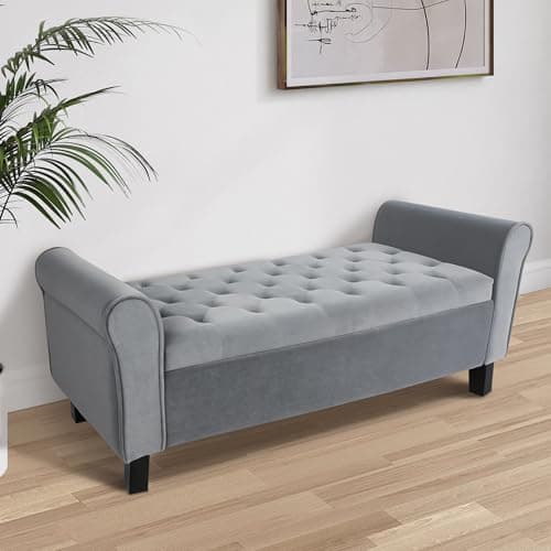 TY ARTS & CULTURE Large Gray Velvet Storage Bench for Bedroom & Entryway