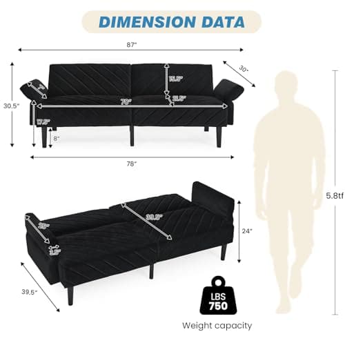 Oversized Velvet Futon Sofa Bed, 78 Convertible 3 Seat Sleeper - Black