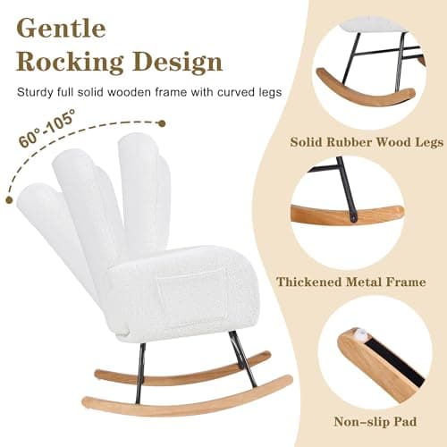VECELO Thick Headrest Reading Glider Rocker with Side Pocket, White