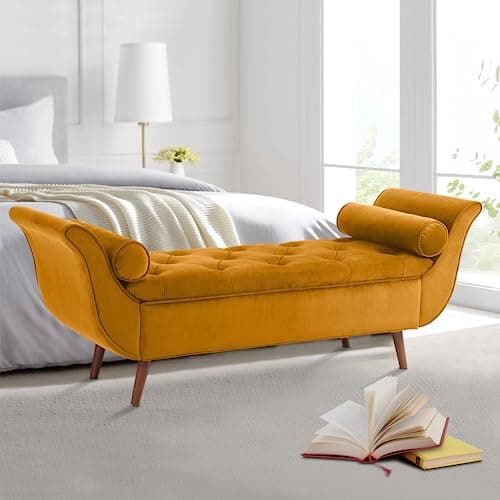 Velvet Storage Bench with Arms and Pillows