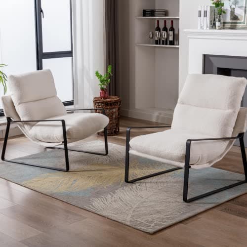 Set of 2 Mid-Century Accent Chairs in White Sherpa Fabric for Living Room Bedroom
