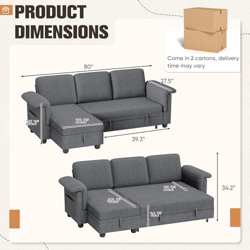 Homall Dark Grey Linen L-Shaped Sleeper Sofa with Storage