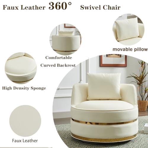 360° Swivel Faux Leather Chair, Plump Pillow Round Reading Lounge for Living Room & Bedroom, Easy Assembly