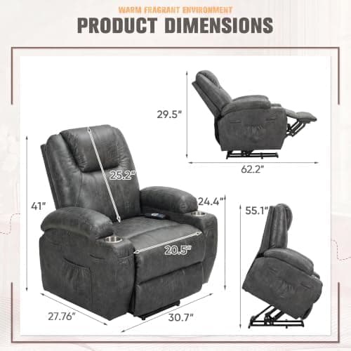 Flamaker Power Lift Recliner Chair PU Leather with Massage for Elderly Ergonomic Lounge Chair Classic Single Sofa with 2 Cup Holders Side Pockets Home Theater Seat (Leather, Light Black)