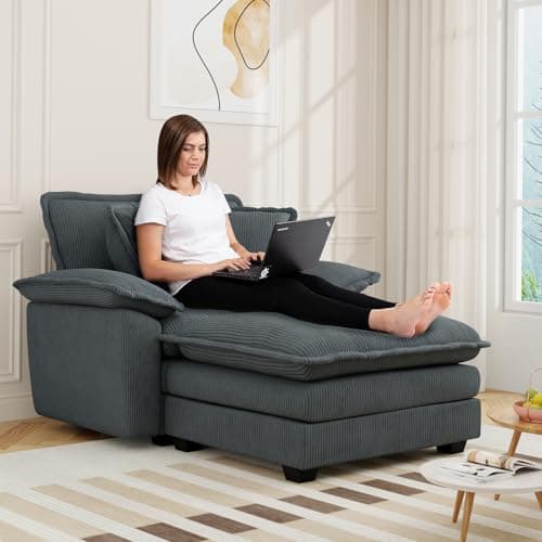 Comfy Grey Corduroy Chaise Lounge Chair with Ottoman