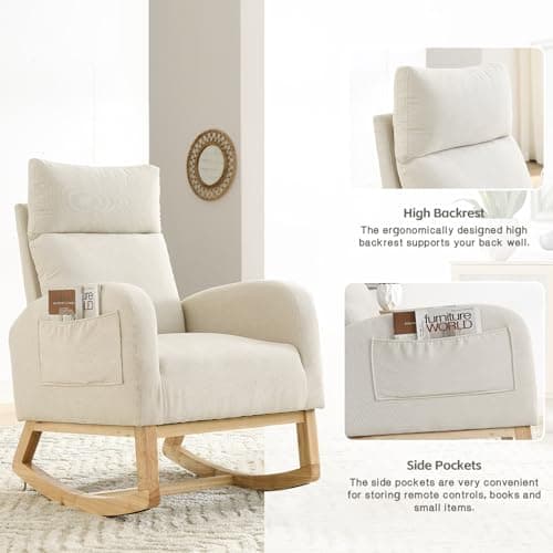 Modern Nursery Rocking Chair with Side Pockets & Solid Wood Legs (Fabric-Beige)