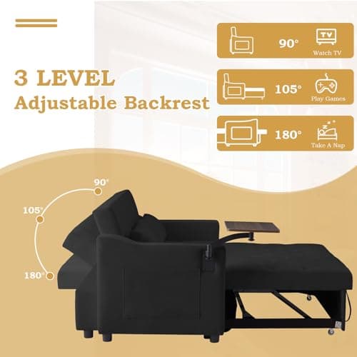 Convertible Sleeper Sofa Couch with Pull Out Bed, Velvet Futon Loveseat with Table & Reclining Back