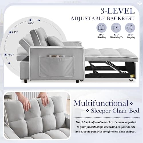 3-in-1 Convertible Sleeper Chair Bed with Adjustable Backrest and Side Pockets, Velvet Upholstered Recliner for Living Room/Office/Small Spaces (Grey)