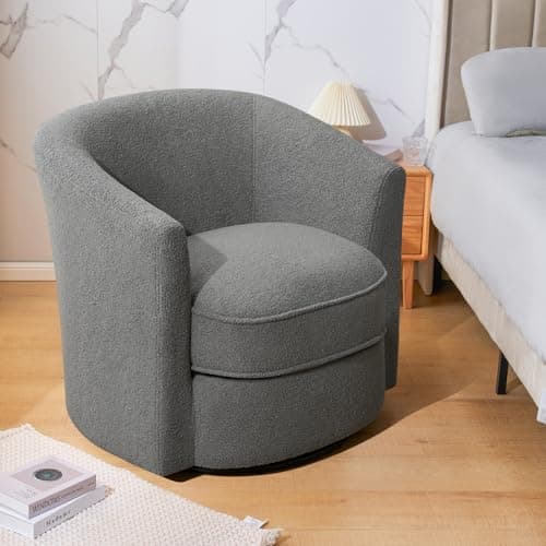 Furniliving 360° Swivel Grey Accent Chair, Comfortable Sherpa Upholstered Barrel Sofa
