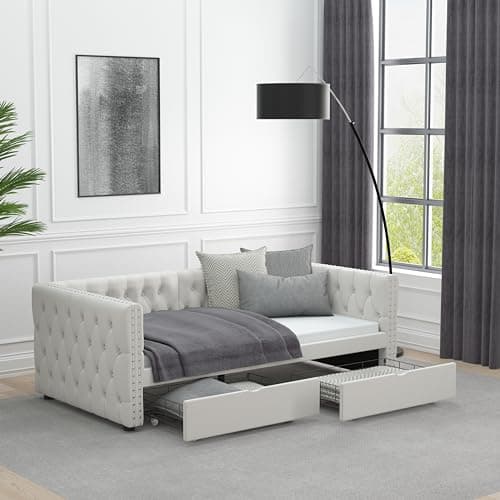 Velvet Upholstered Twin Daybed with Storage Grey (No Box Spring)