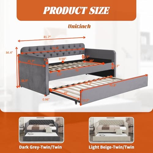Dark Grey Button Tufted Twin Daybed with Trundle & USB Port (No Box Spring)