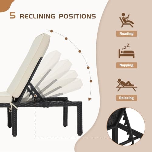 ECOTOUGE Khaki PE Wicker Pool Lounge Chair Set, 5-Position Adjustable Backrest