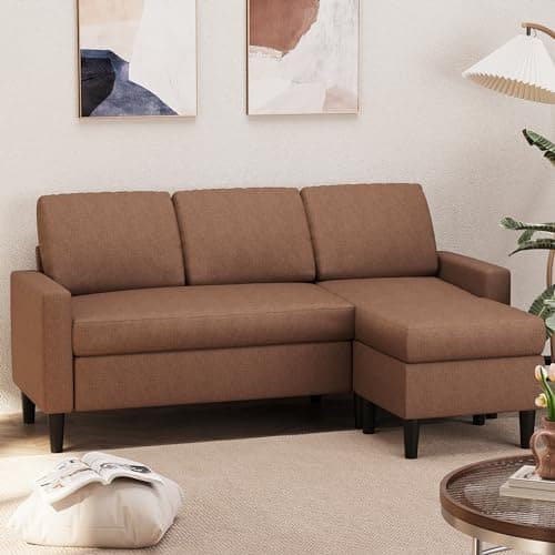 Shintenchi Brown 3 Seat L-Shaped Convertible Sofa with Ottoman, Linen Fabric