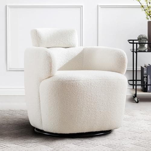 360° Swivel Boucle Chair, Tufted Ivory Headrest Living Room Chair
