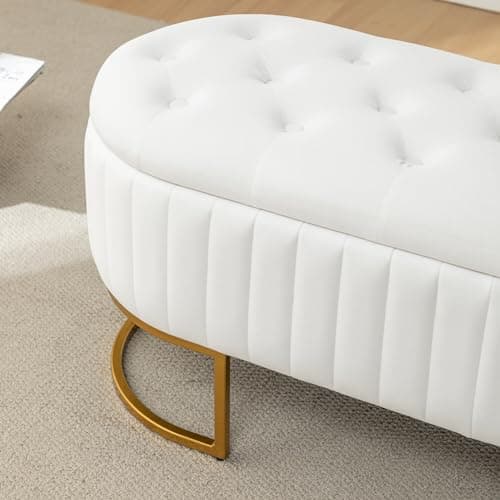 Modern Velvet Upholstered Storage Bench with Golden Metal Legs - Ivory