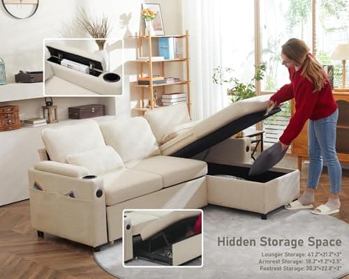 DURASPACE Beige 2-in-1 Sectional Sleeper Sofa with Storage and USB