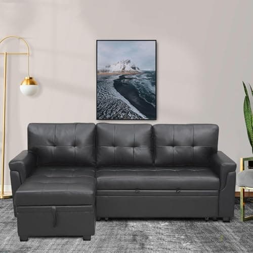 Naomi Home Dark Gray/Air Leather Sleeper Sectional Sofa Bed & Chaise - Tranquil Comfort