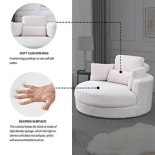 Triple Tree Modern Swivel Lounge Chair with Half Moon Storage, Linen Fabric, White