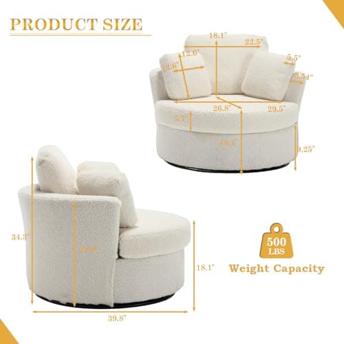 Oversized Ivory Swivel Arm Chair with 3 Pillows for Living Room, Bedroom, and Reading