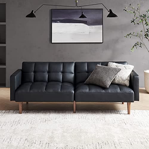 Mid Century Modern Futon Couch for Living Room and Bedroom - Pecan Brown, Faux Leather