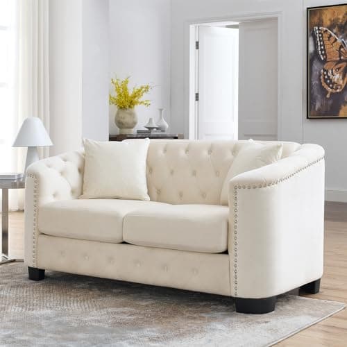 JEEOHEY Velvet Chesterfield Sofa, Oversized Loveseat with Button Nailhead Beige
