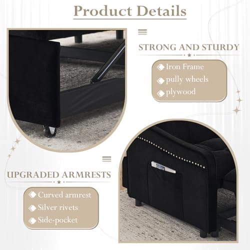 Sleeper Sofa with USB Port and Pull Out Bed for Small Spaces (Black)