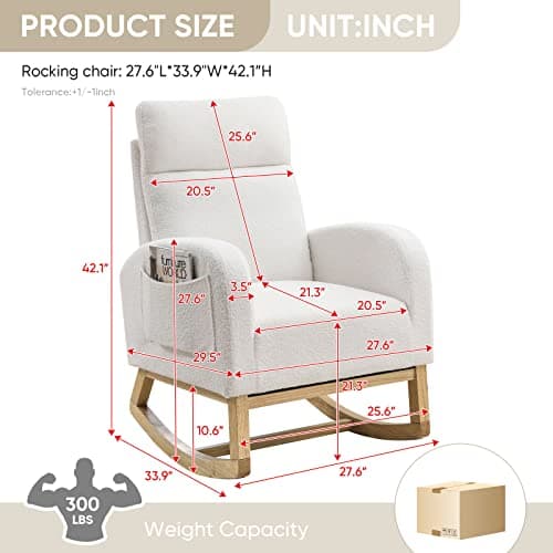 Modern White Fabric Upholstered Rocking Glider Chair with Side Pockets