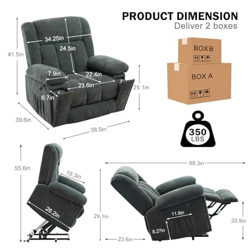 Grey Blue Electric Recliner Chair with Heat & Massage for Seniors