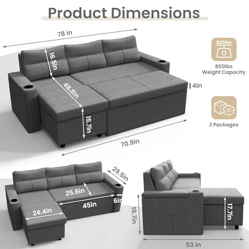 Pamapic Dark Gray L-Shaped Sleeper Sofa with Storage & Ergonomic Cushions