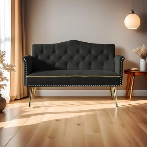 Beige Velvet Loveseat with Gold Legs, 55-inch Tufted Backrest Living Room Couch