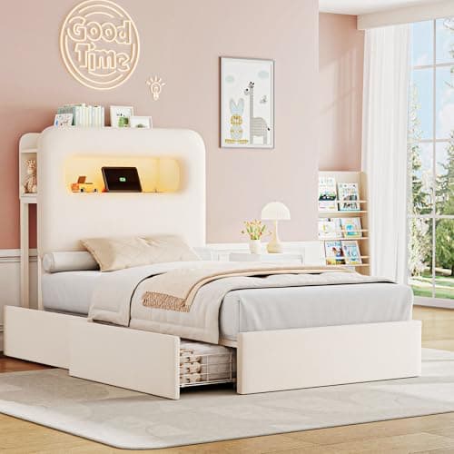 HOSTACK Twin Velvet Upholstered Bed Frame with Storage, USB Ports, Bookcase, Cream
