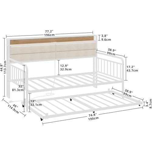 LIKIMIO Sturdy Metal Twin Daybed with Upholstered Headboard & Charging Station, White
